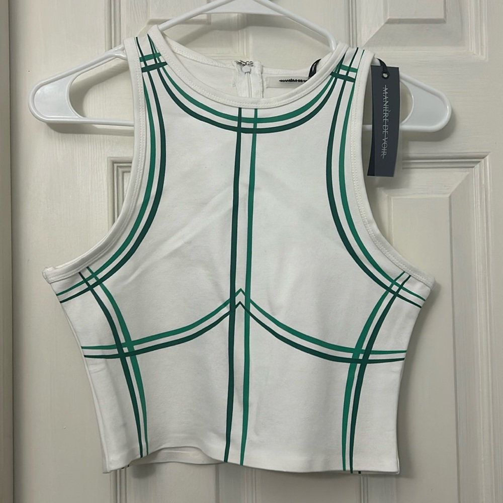 Maniere De Voir White Cropped Tank with Green Plaid set